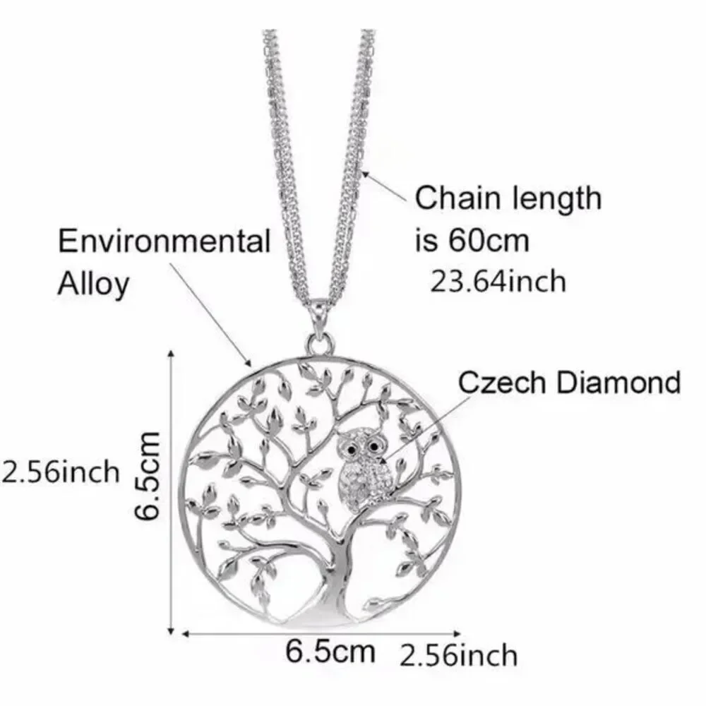Silver Tree Of Life Diamond Owl Pendant Triple Chain Necklace